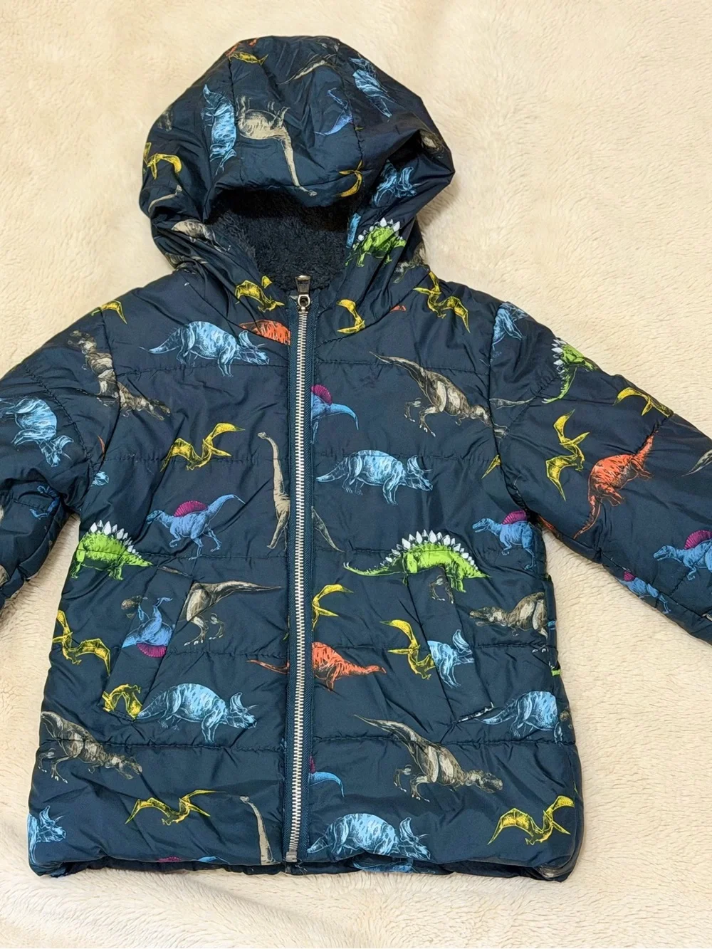 Children's Navy Blue Dinosaur Puffer Jacket with Hood